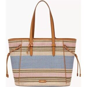 Fossil Tote Charlie Ecru Multi Stripe Pink Blue Shoulder Bag Purse NWOT